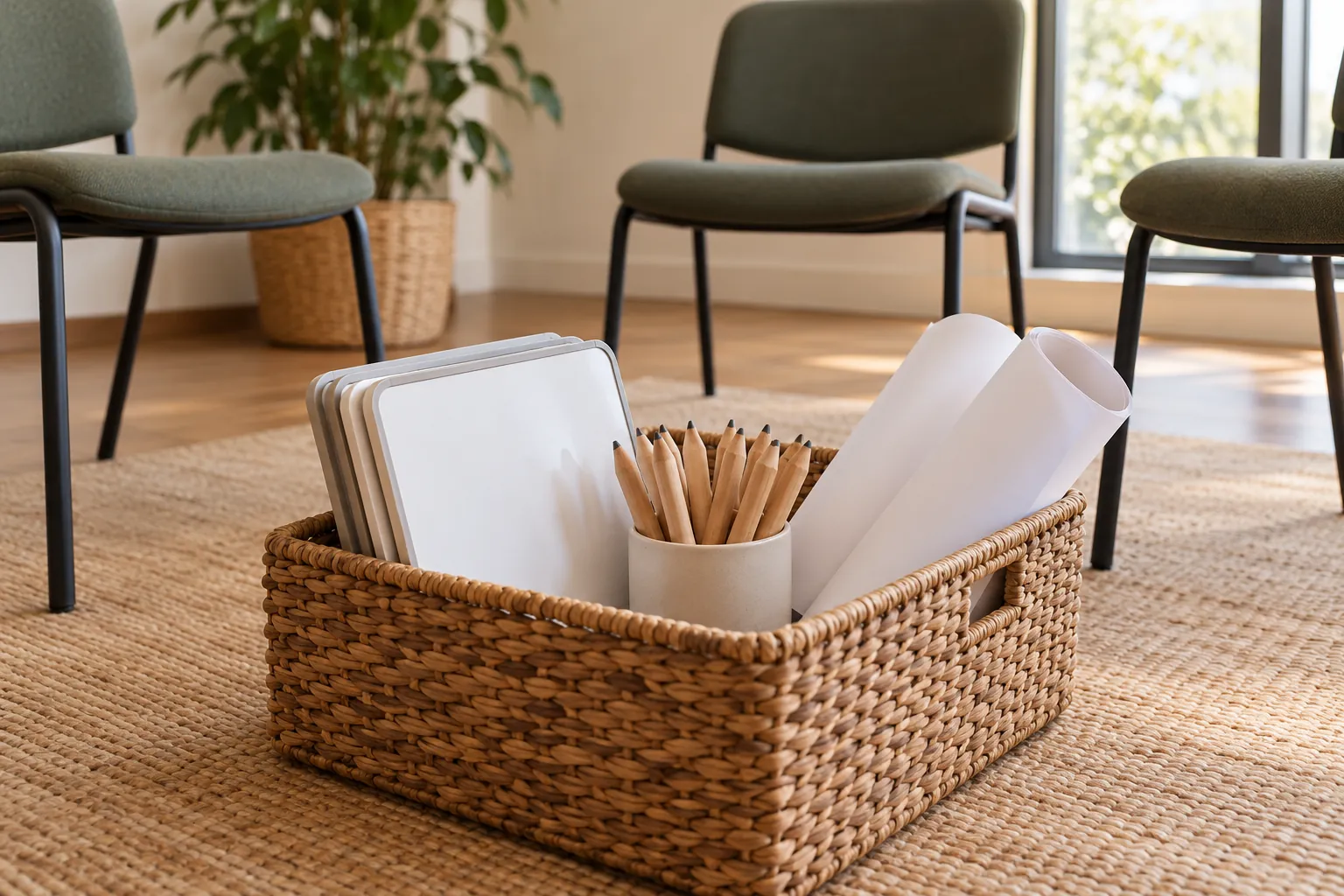 Illustration: Writing boards, broad-grip pencils and blank paper in a low meeting basket.