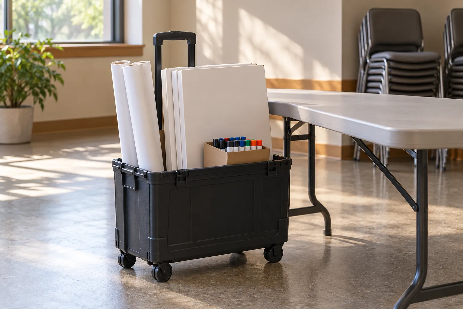 Illustration: A carry case of blank boards, rolled paper and markers beside a folded table.