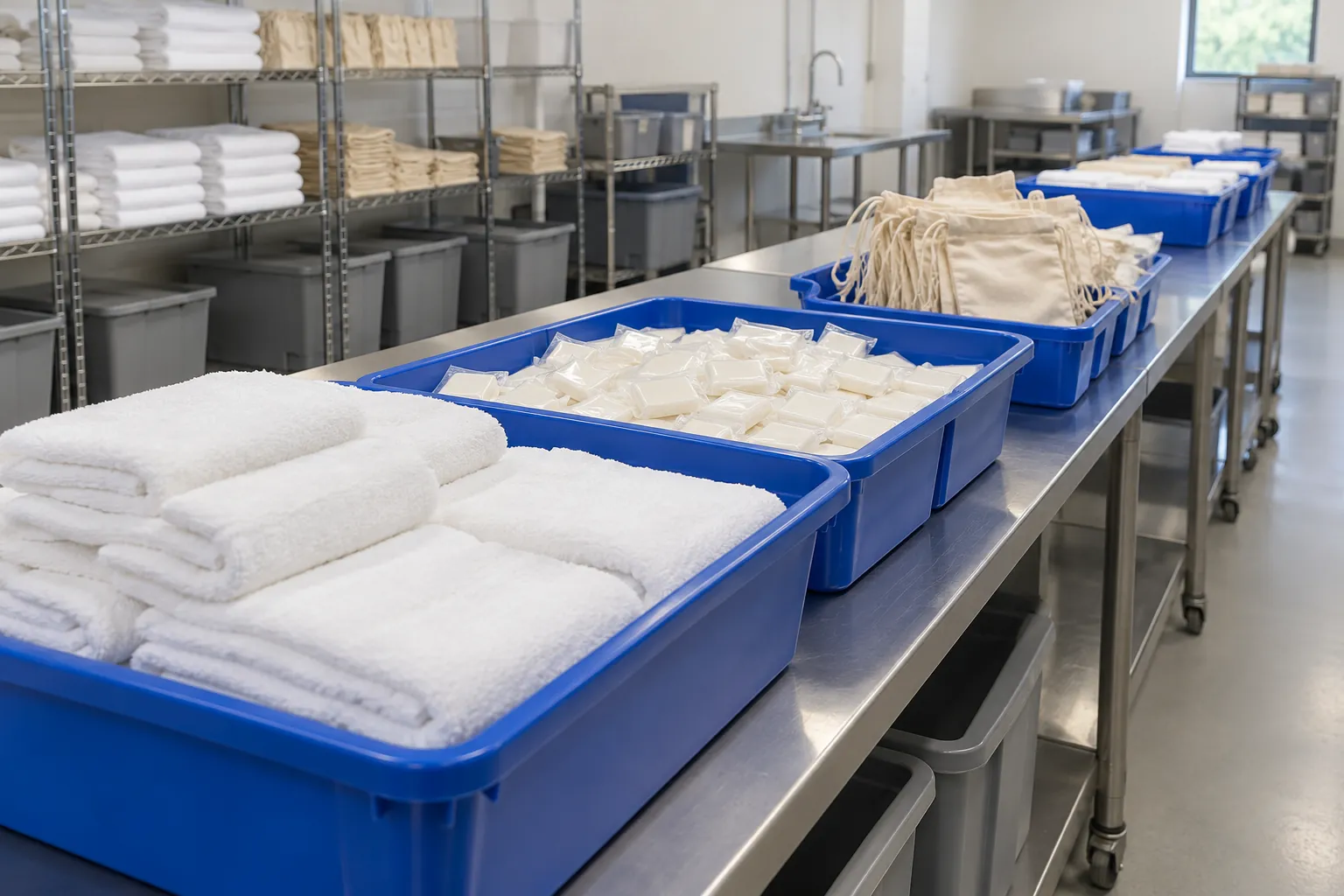 Illustration: Hygiene supplies arranged in blue bins along a steel packing line.