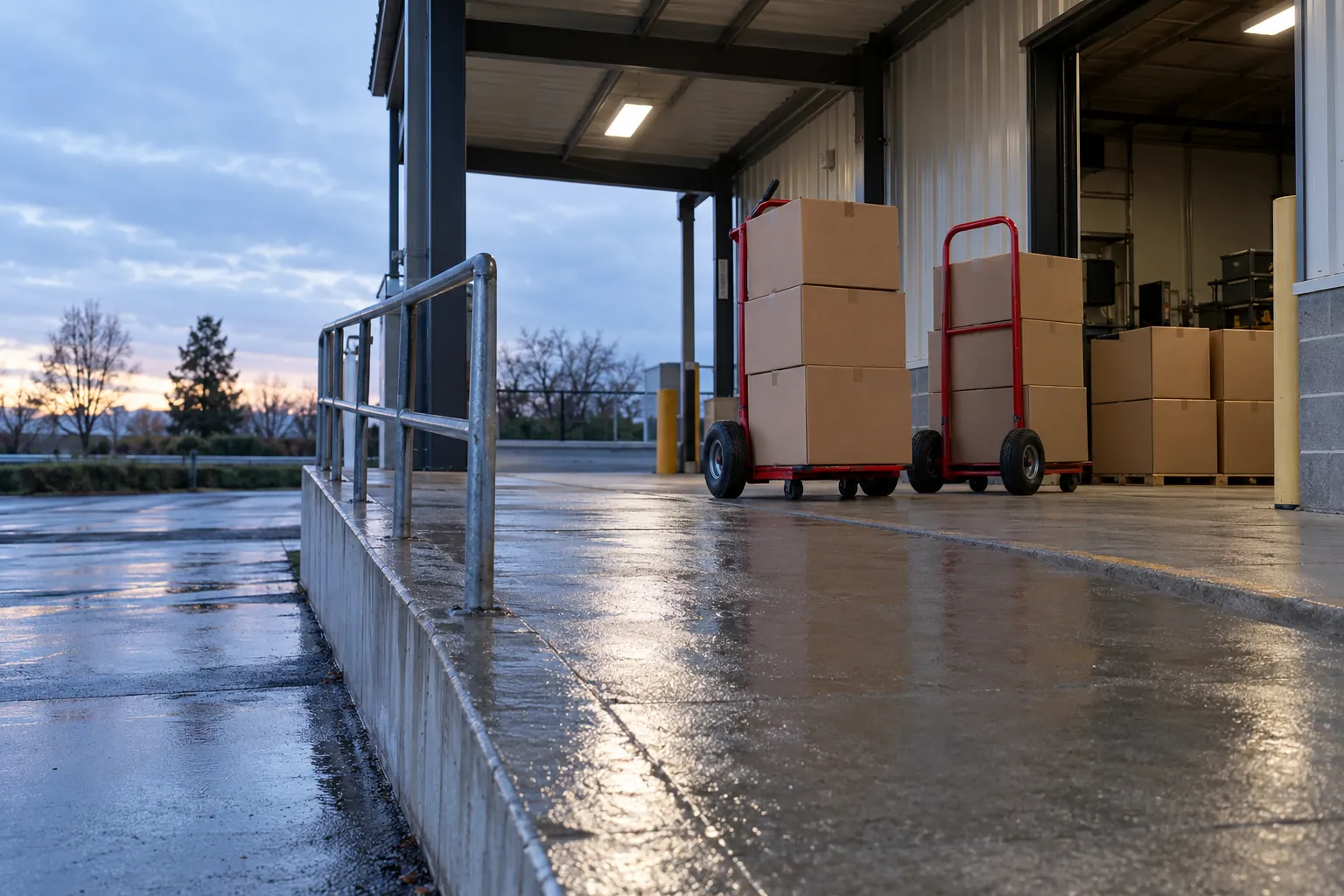 Illustration: Food-distribution boxes on red hand trucks at a loading ramp.