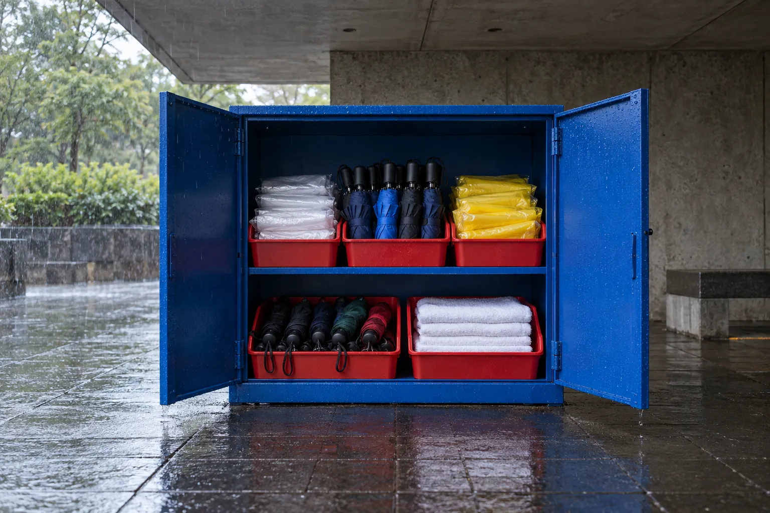 Illustration: Rain ponchos, umbrellas and towels in a blue outdoor sharing cabinet.