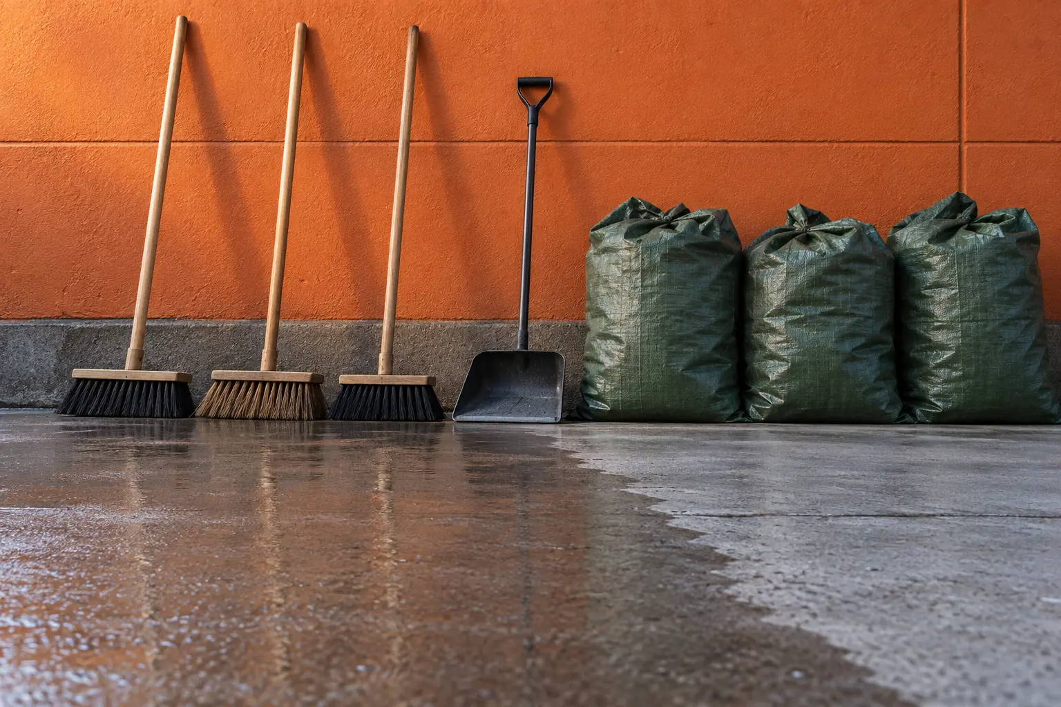 Illustration: Brooms and collection sacks beside a freshly swept courtyard.