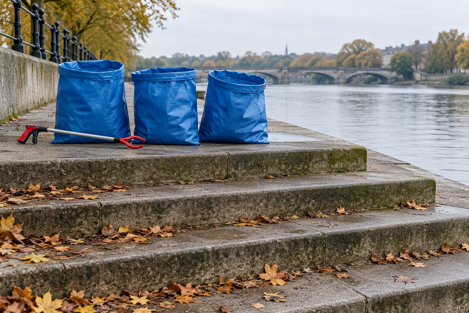 Illustration: Cleanup sacks and a litter-picker at empty riverside steps.
