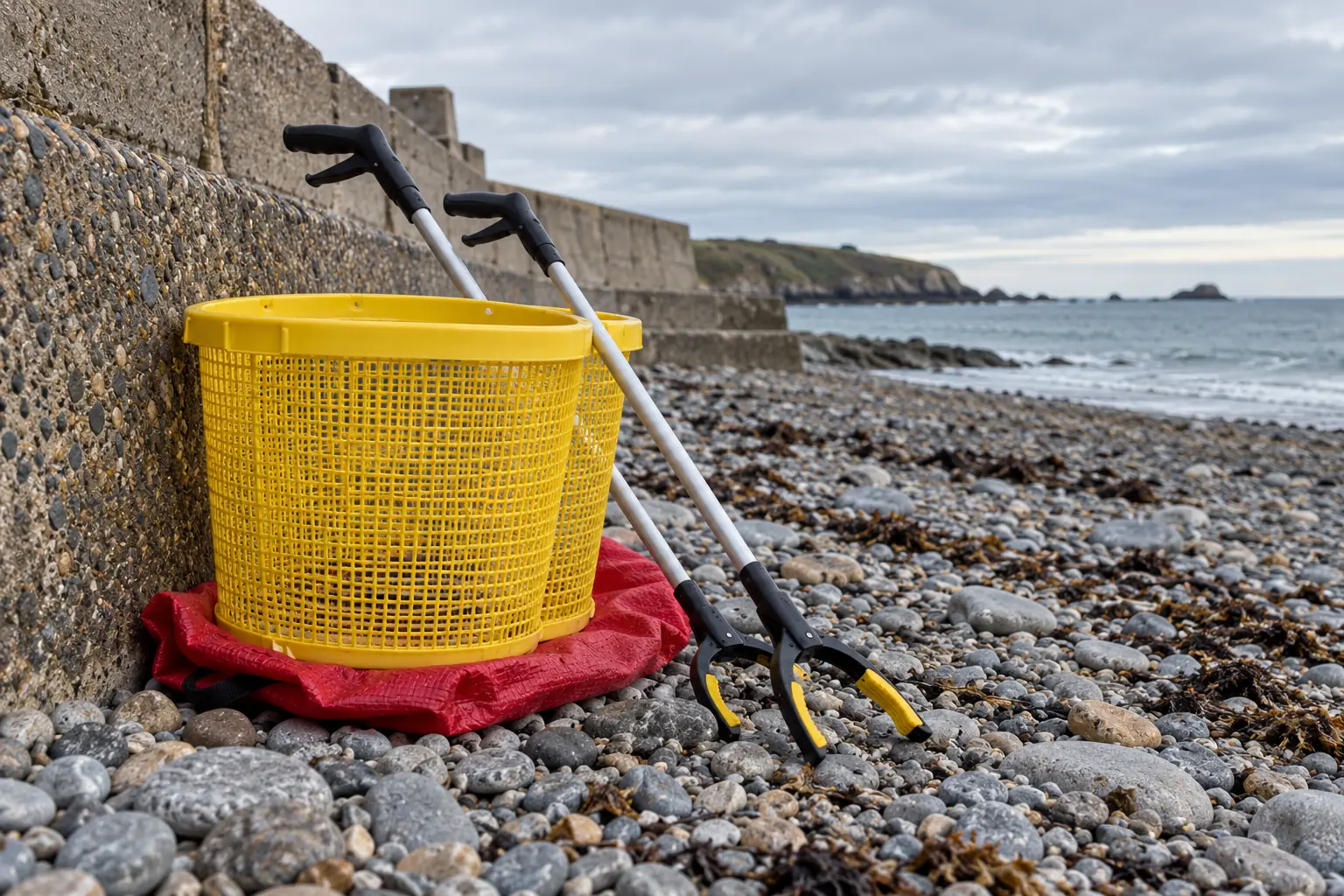 Illustration: A mesh basket and litter-pickers prepared for a pebble-beach cleanup.