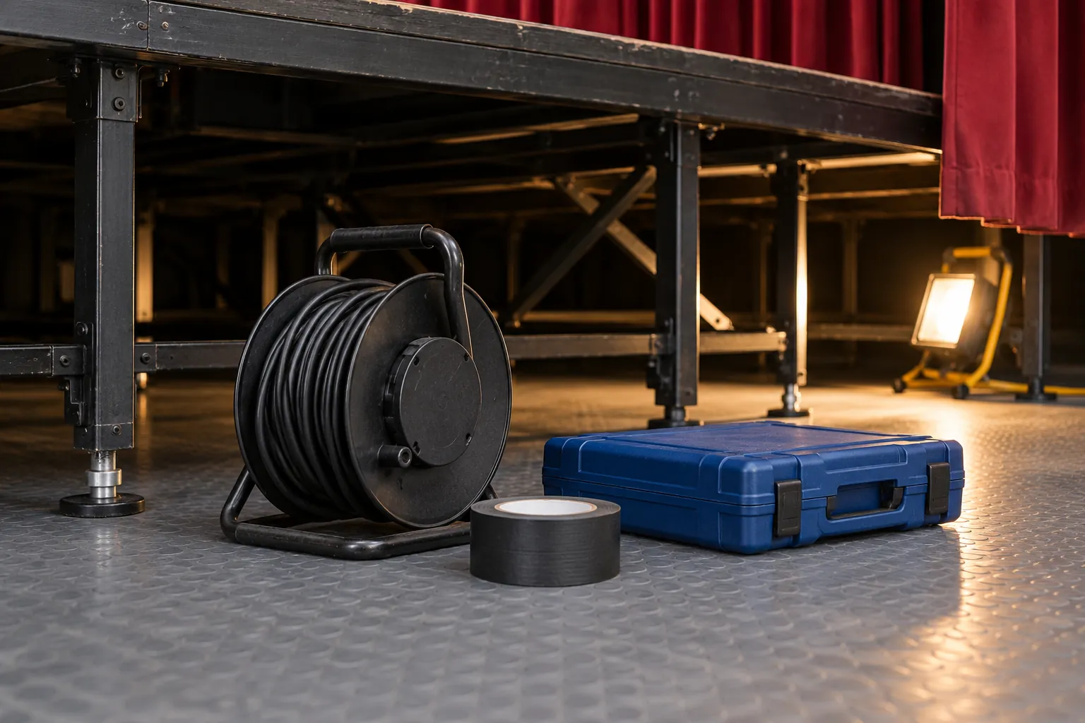 Illustration: A cable reel and tool case prepared beneath an empty community stage.