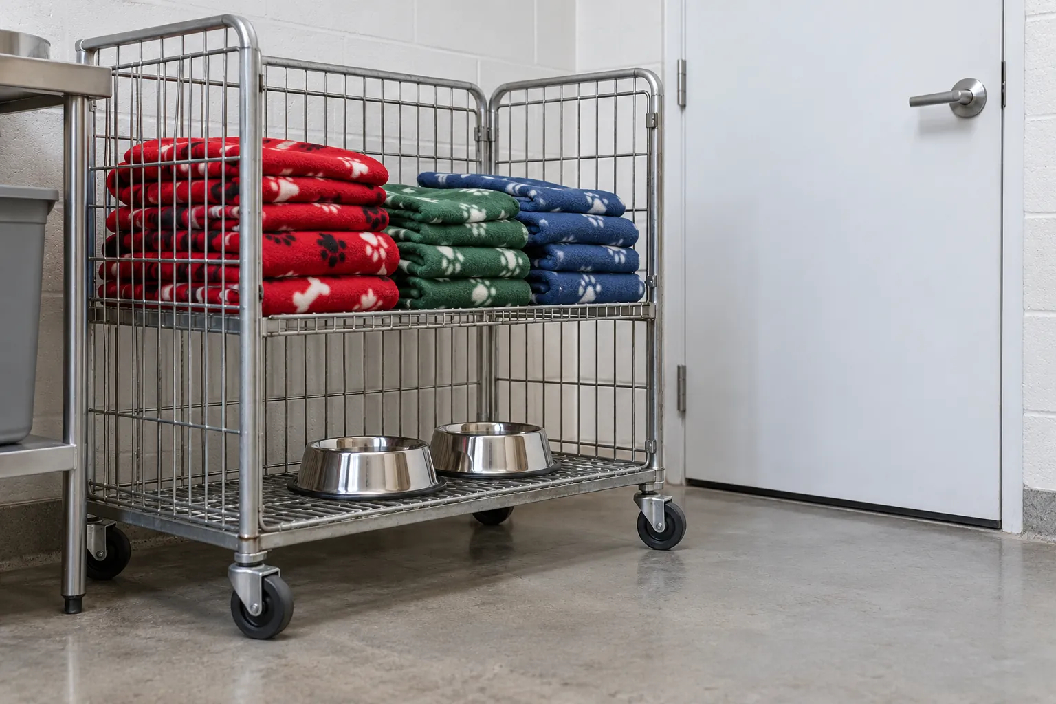 Illustration: Clean animal-care blankets and bowls on a laundry cage.
