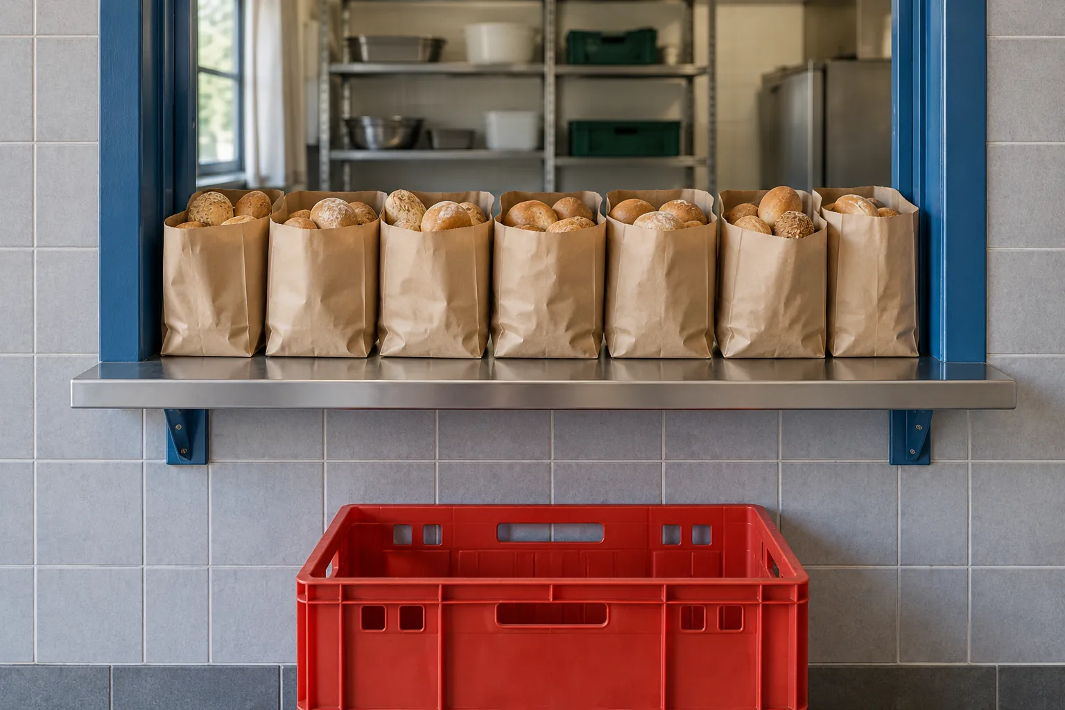 Illustration: Plain bread bags at a blue-framed community pantry hatch.