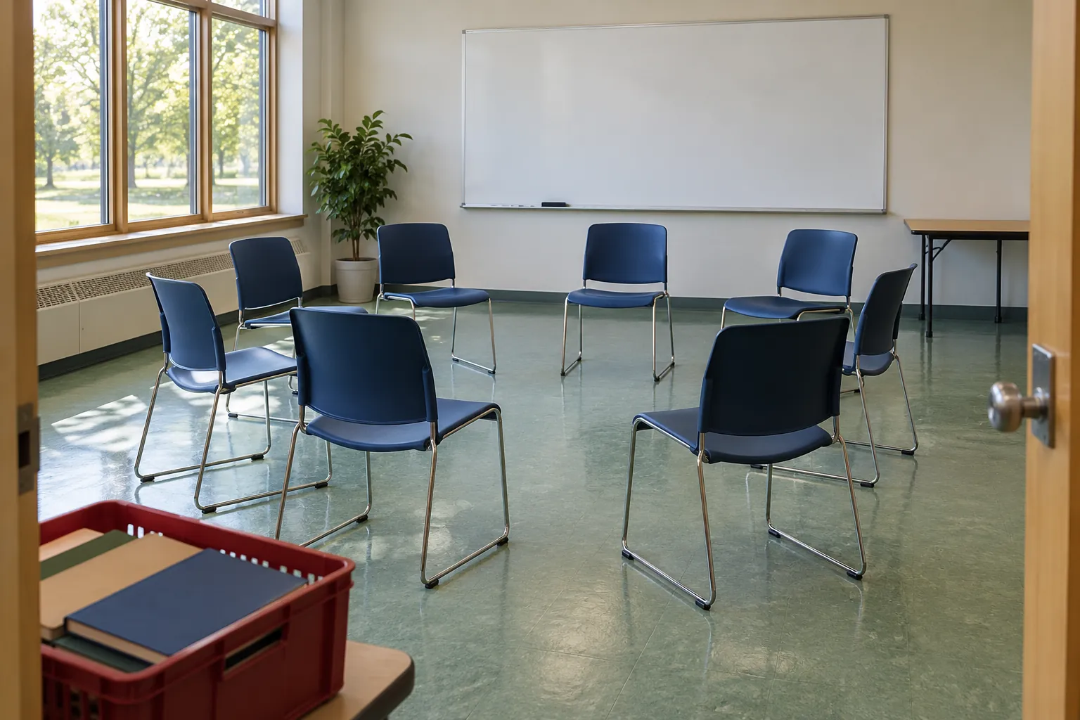 Illustration: An empty civic discussion room prepared with chairs, a blank board and notebooks.