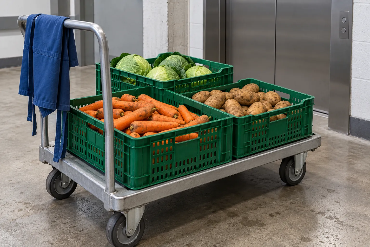 Illustration: Vegetable crates on a pantry trolley beside a service lift.