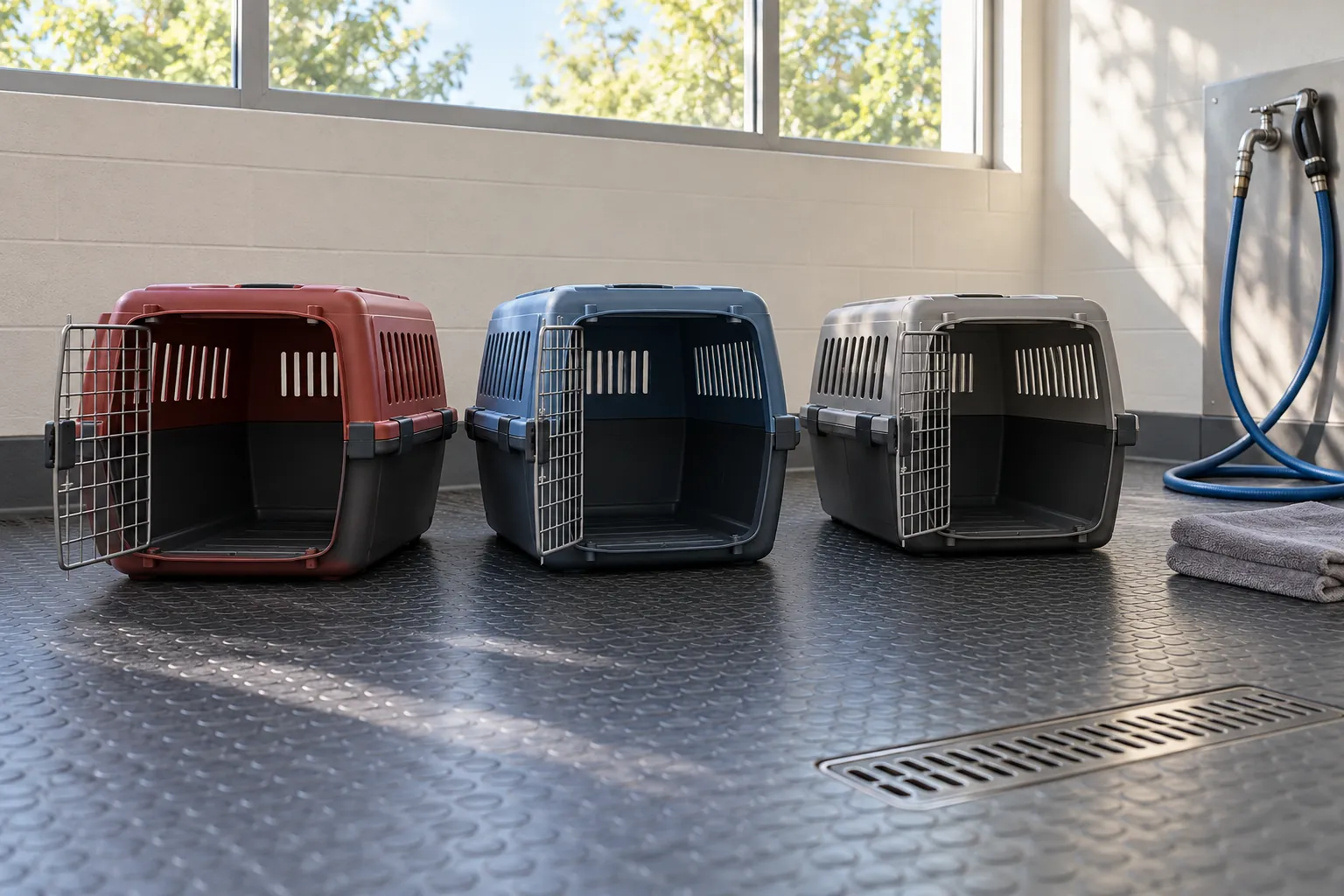 Illustration: Empty pet carriers drying on a clean utility-room floor.