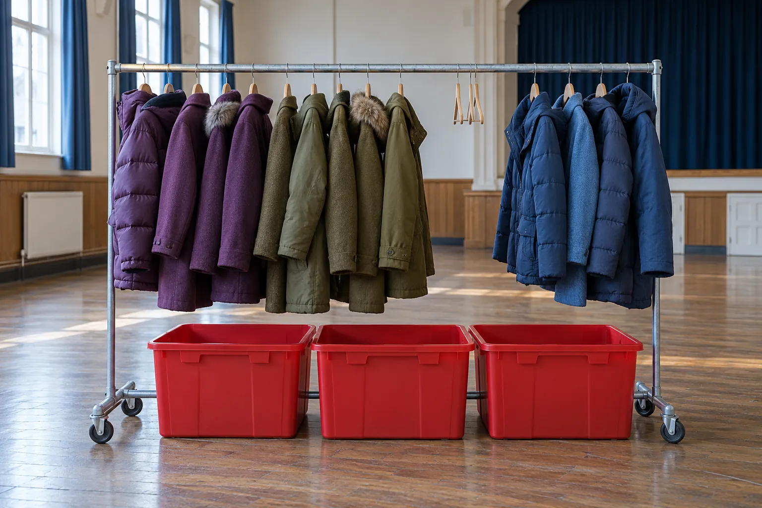 Illustration: Donated coats sorted on a rolling rail above red collection bins.