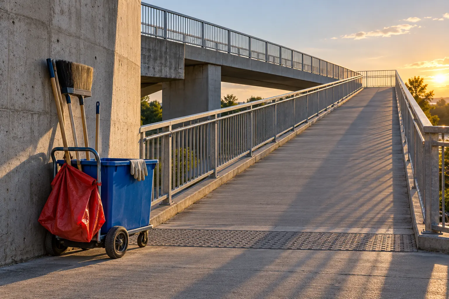 Illustration: A cleanup cart parked beside a pedestrian footbridge.