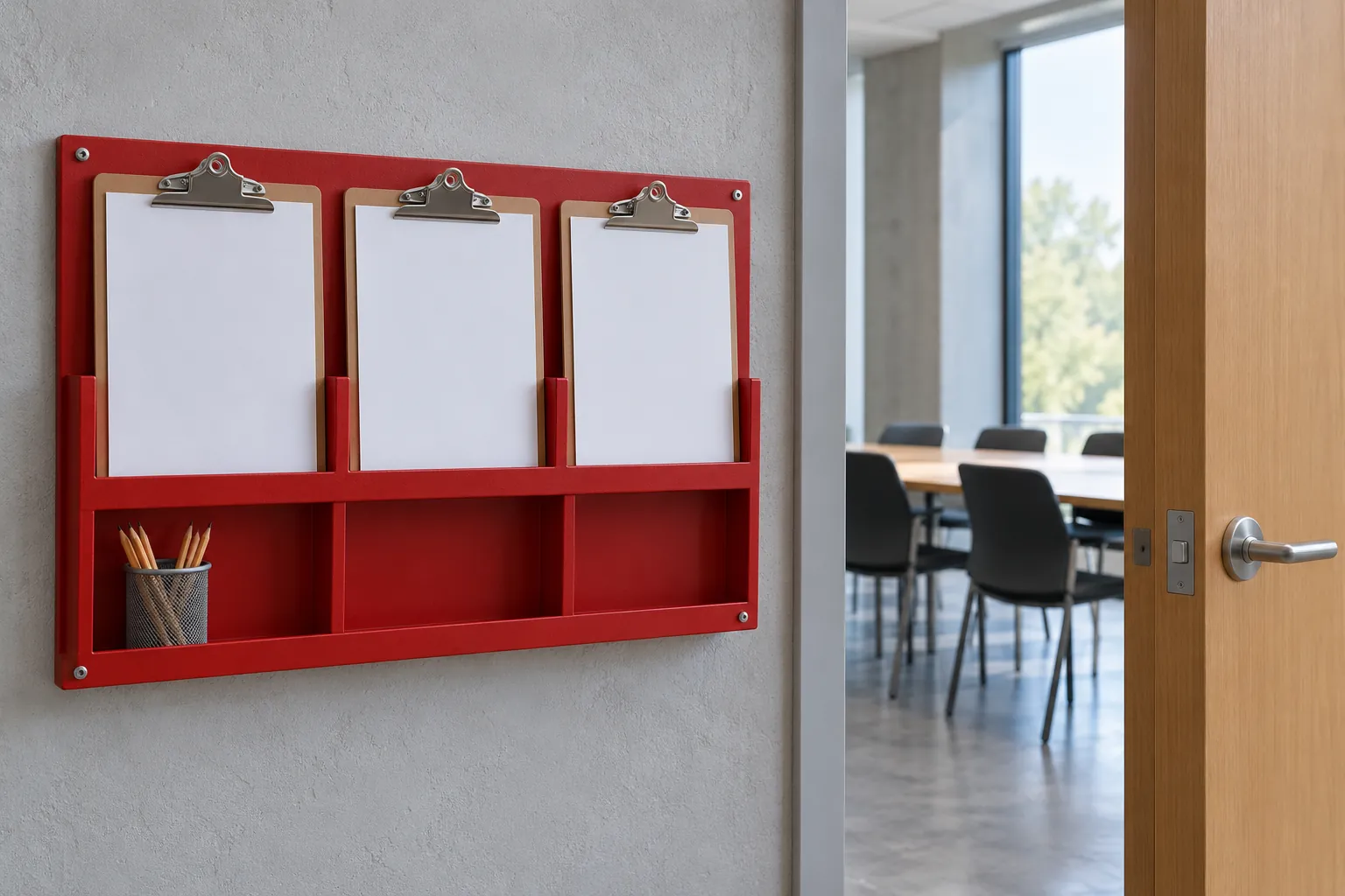 Illustration: Blank clipboards and pencils in a red civic-meeting wall rack.