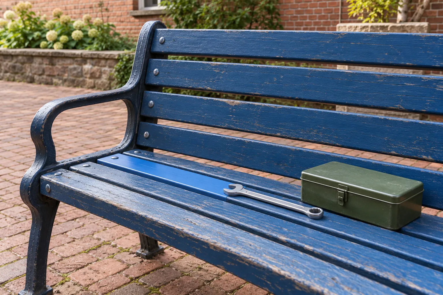 Illustration: A repaired blue community bench with a wrench and parts tin.