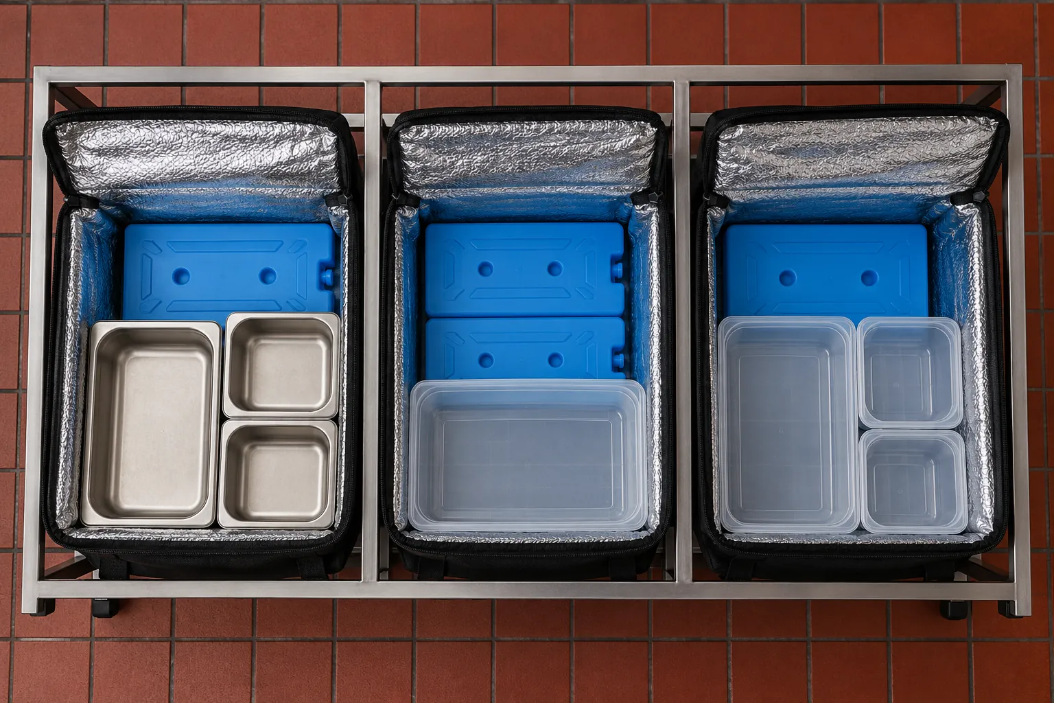 Open insulated carriers prepared with cool packs and empty food containers.