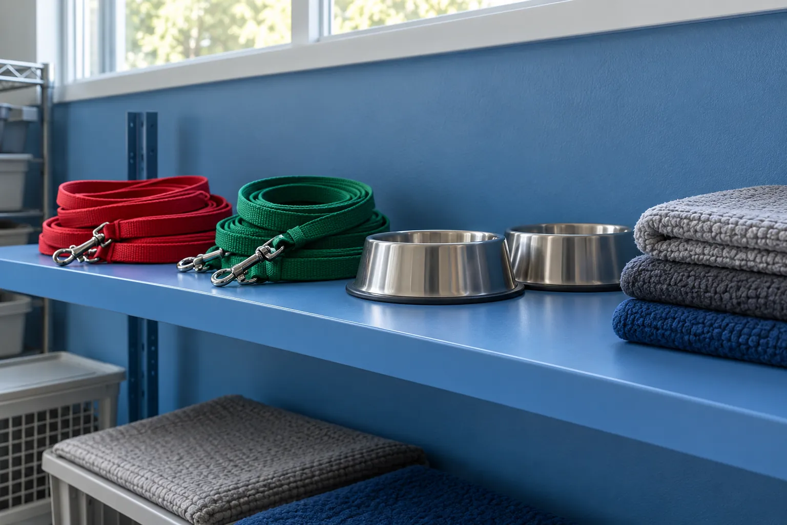 Illustration: Donated leashes, bowls and washable mats arranged on a blue shelf.