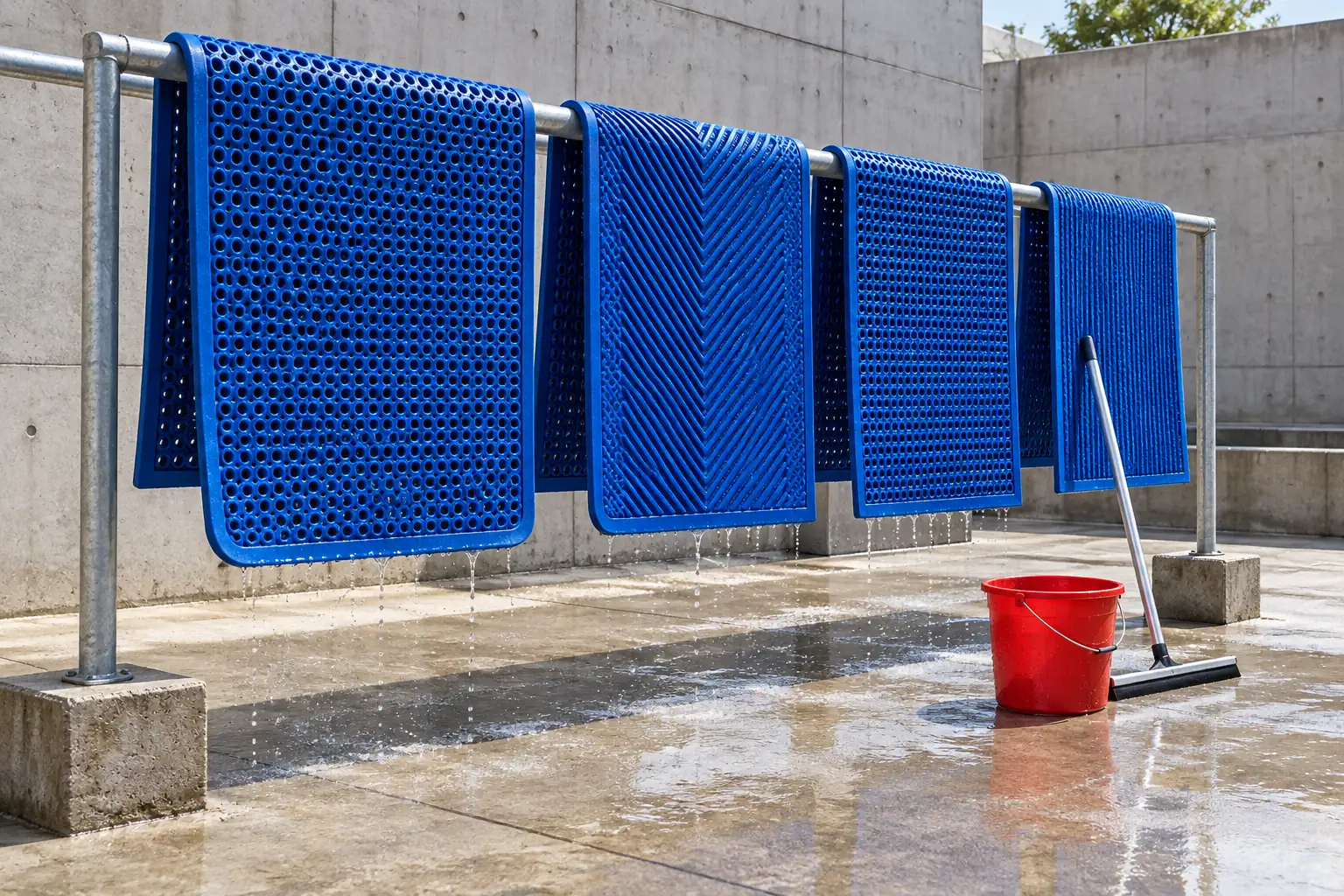 Illustration: Washed entrance mats drying on a courtyard rail.