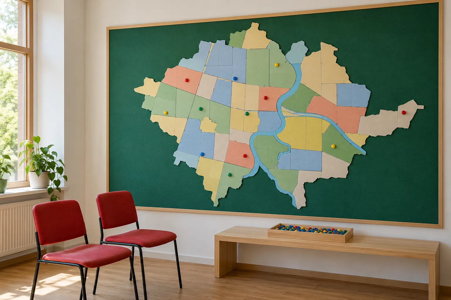 Illustration: A wordless neighborhood planning board with colored paper blocks.