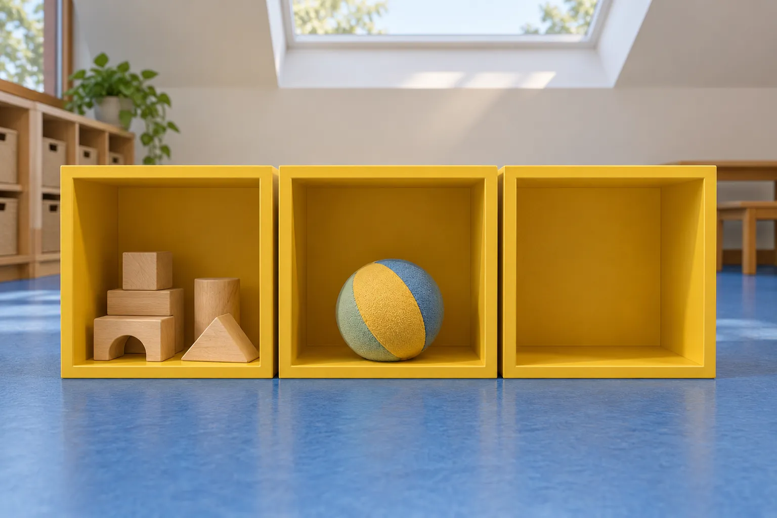 Illustration: Generic play materials sorted into yellow donation cubbies.