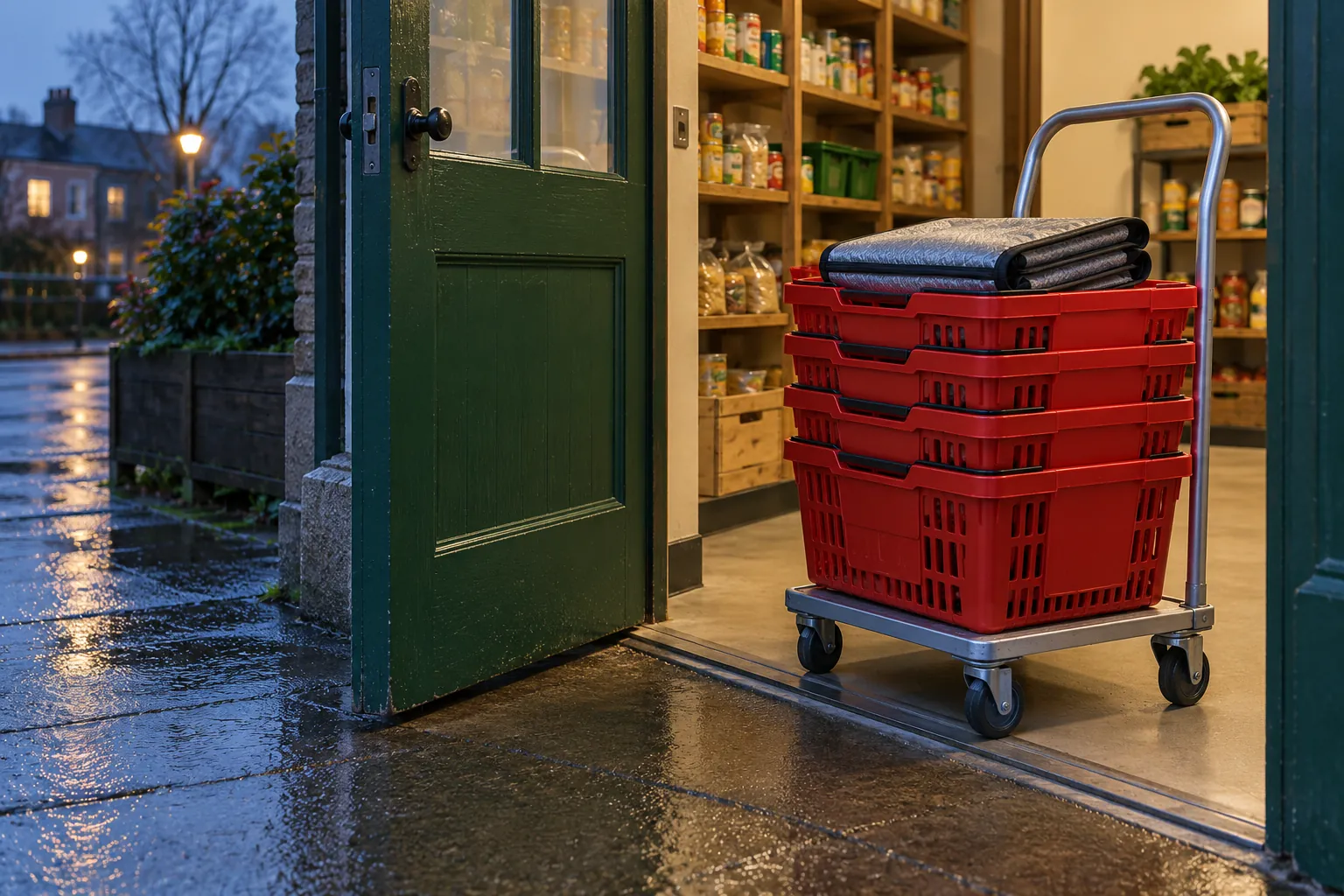 Empty delivery baskets returning to a green pantry doorway.