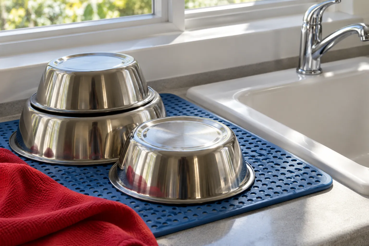 Illustration: Washed stainless pet bowls drying beside a utility sink.