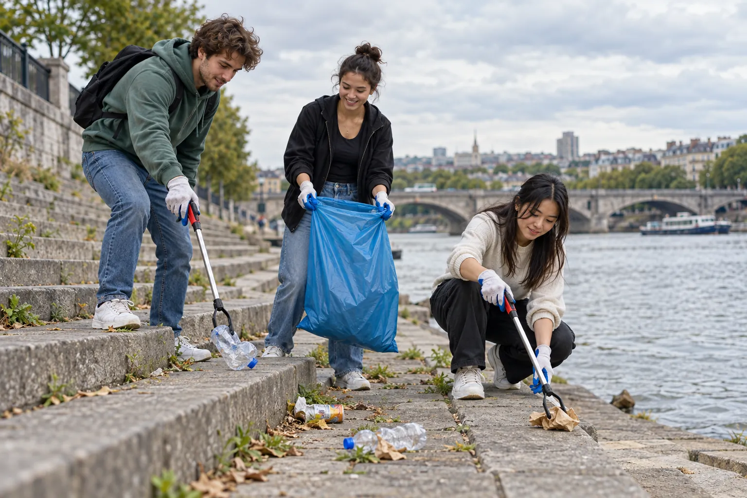 Illustration: Three young adults use litter-pickers and reusable sacks during a riverside cleanup.
