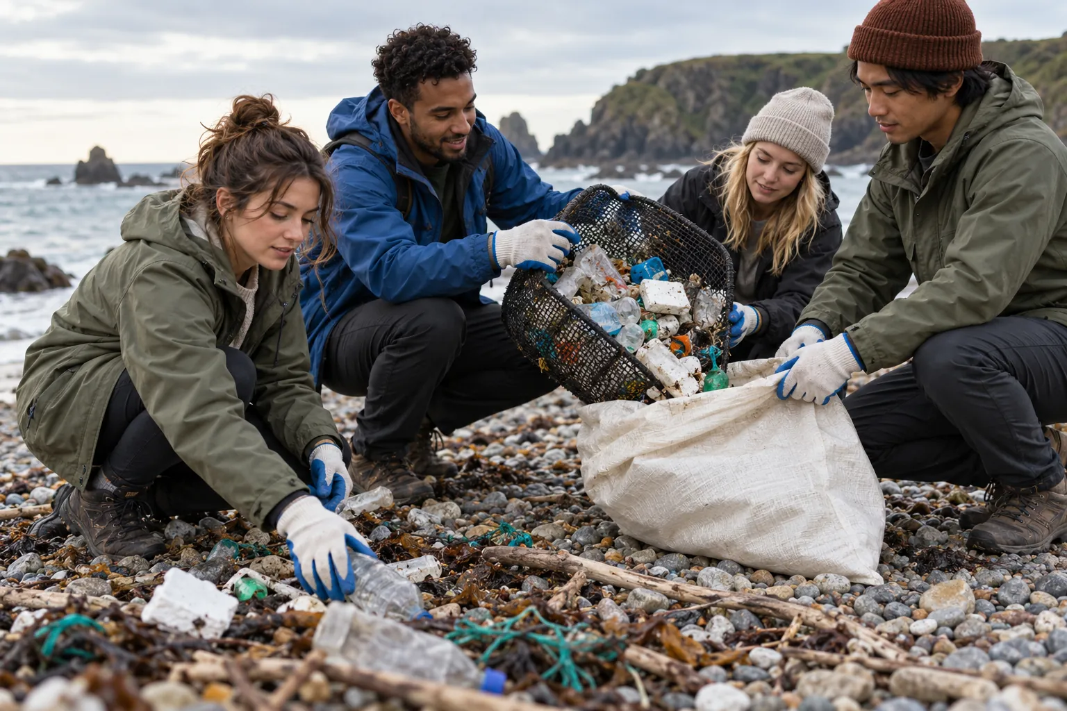 Illustration: Young adult volunteers sort collected litter after a beach cleanup.