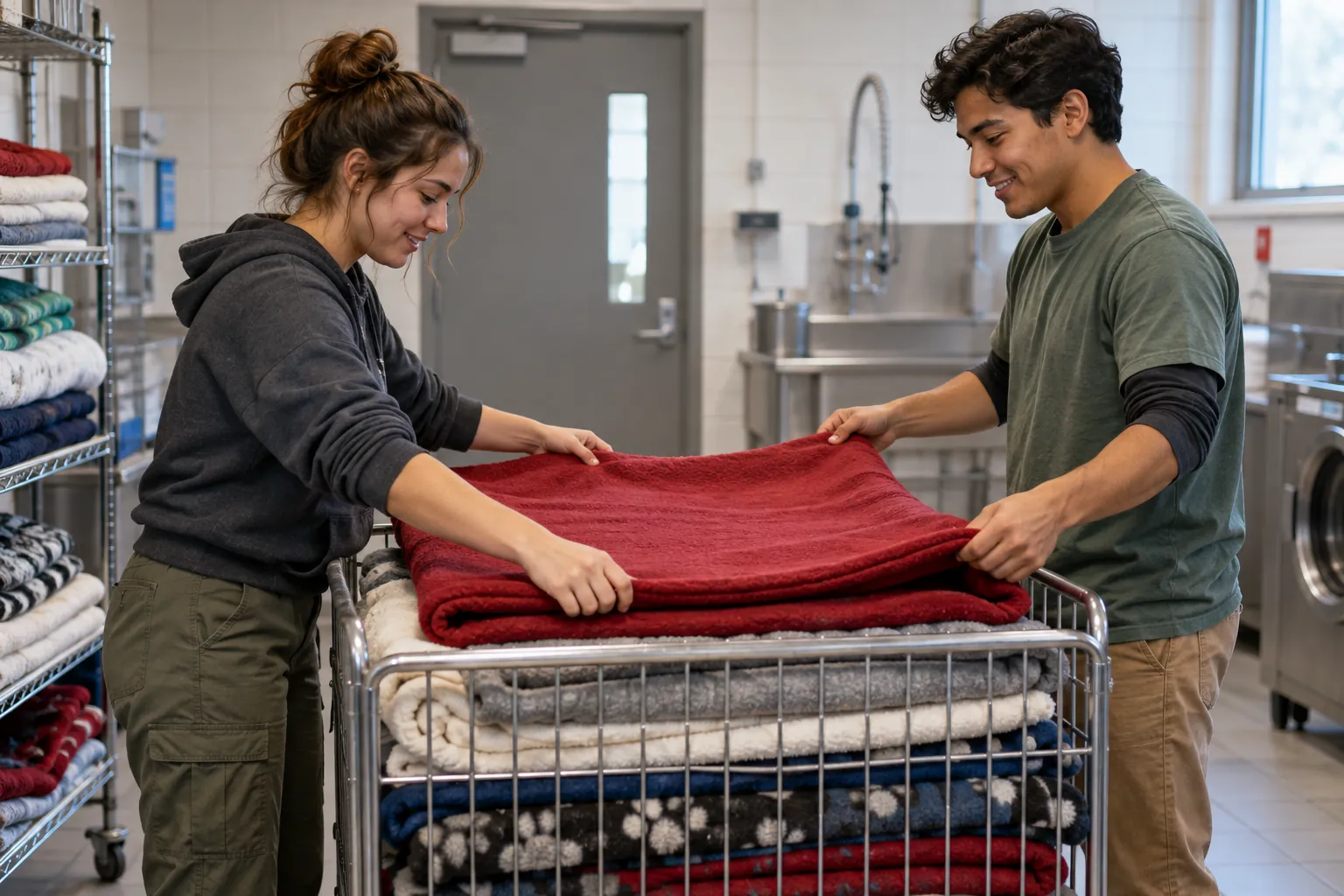 Illustration: Two young adult volunteers fold clean animal-care blankets in a utility room.