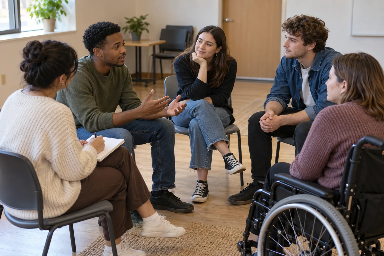 Illustration: Young adults discuss a community project in an accessible civic room.