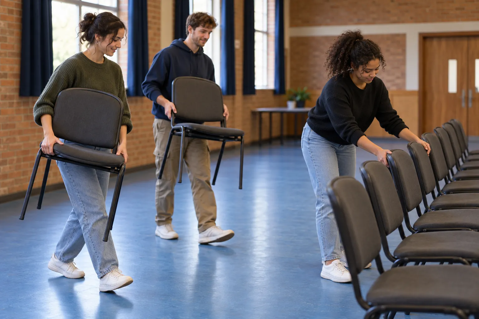 Illustration: Young adults arrange chairs for a community gathering.