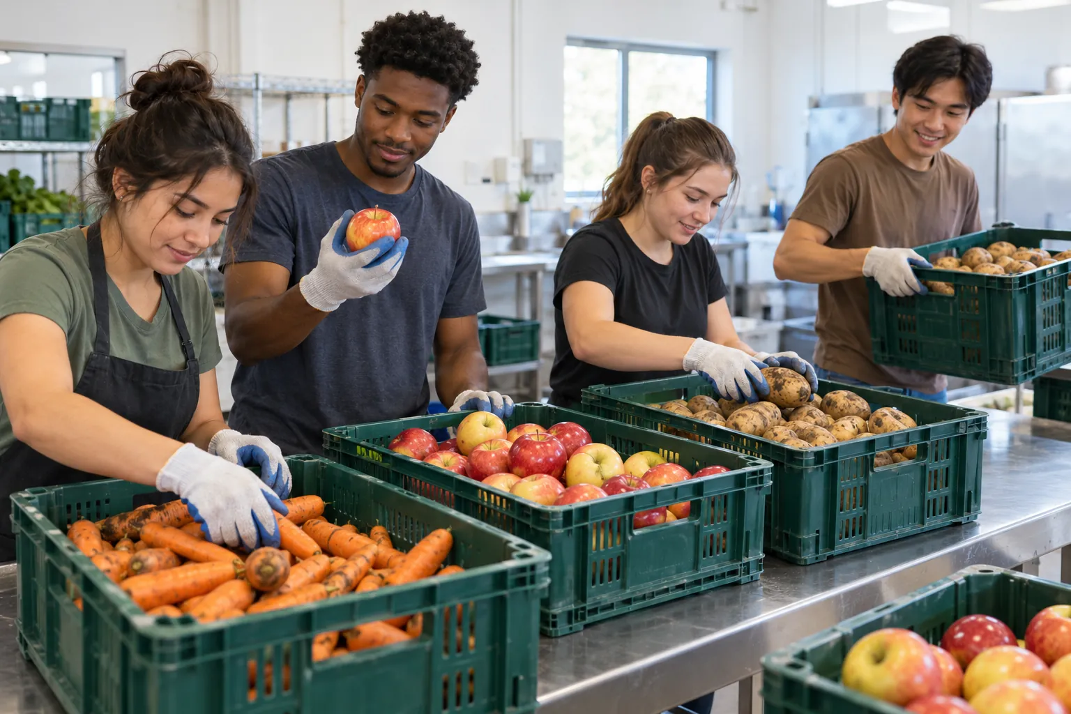 Illustration: Young adults sort fresh produce into reusable crates.