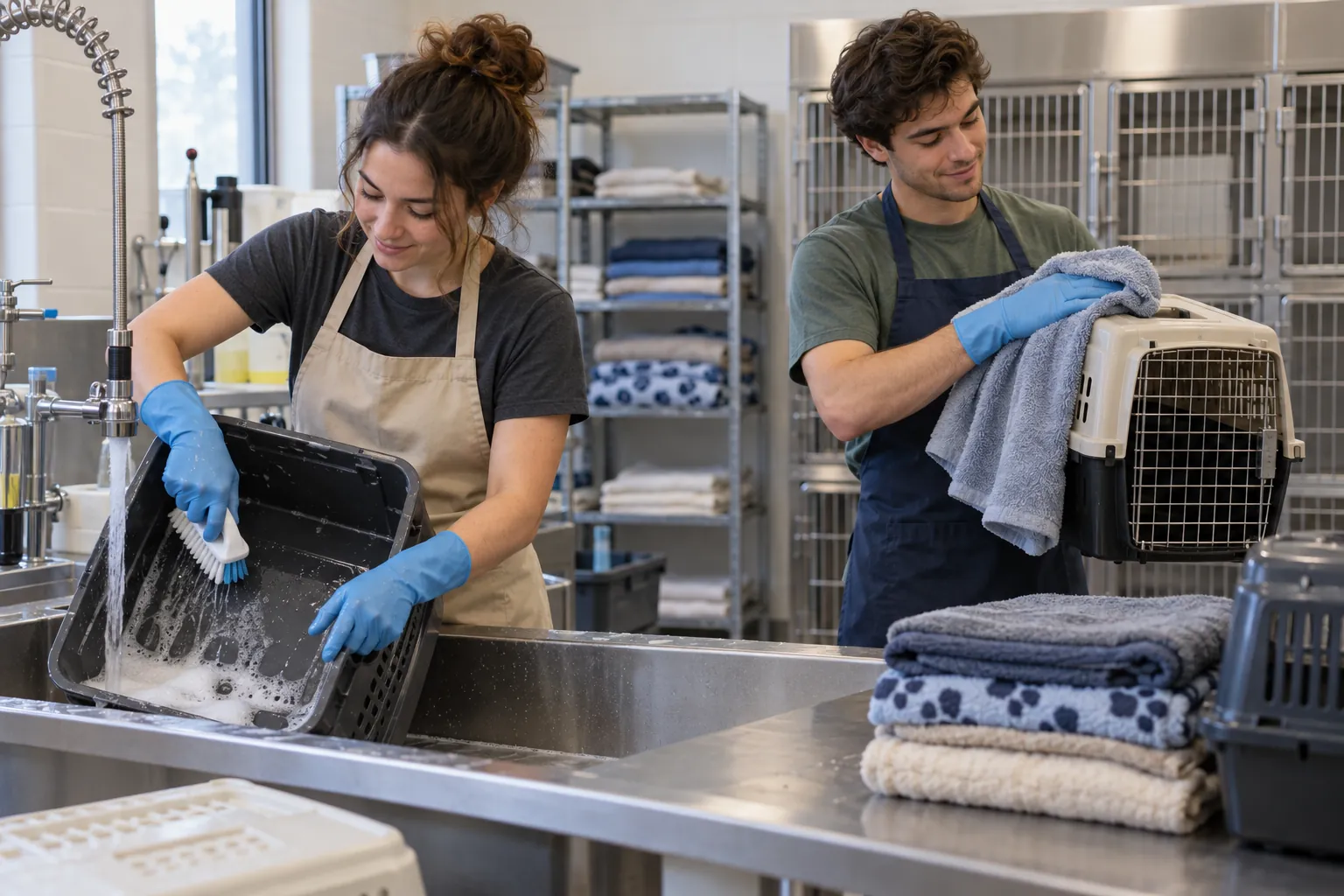 Illustration: Young volunteers clean empty pet carriers at a utility sink.
