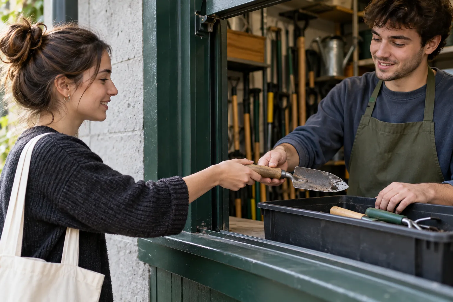 Illustration: A young adult returns a garden trowel to a tool library volunteer.