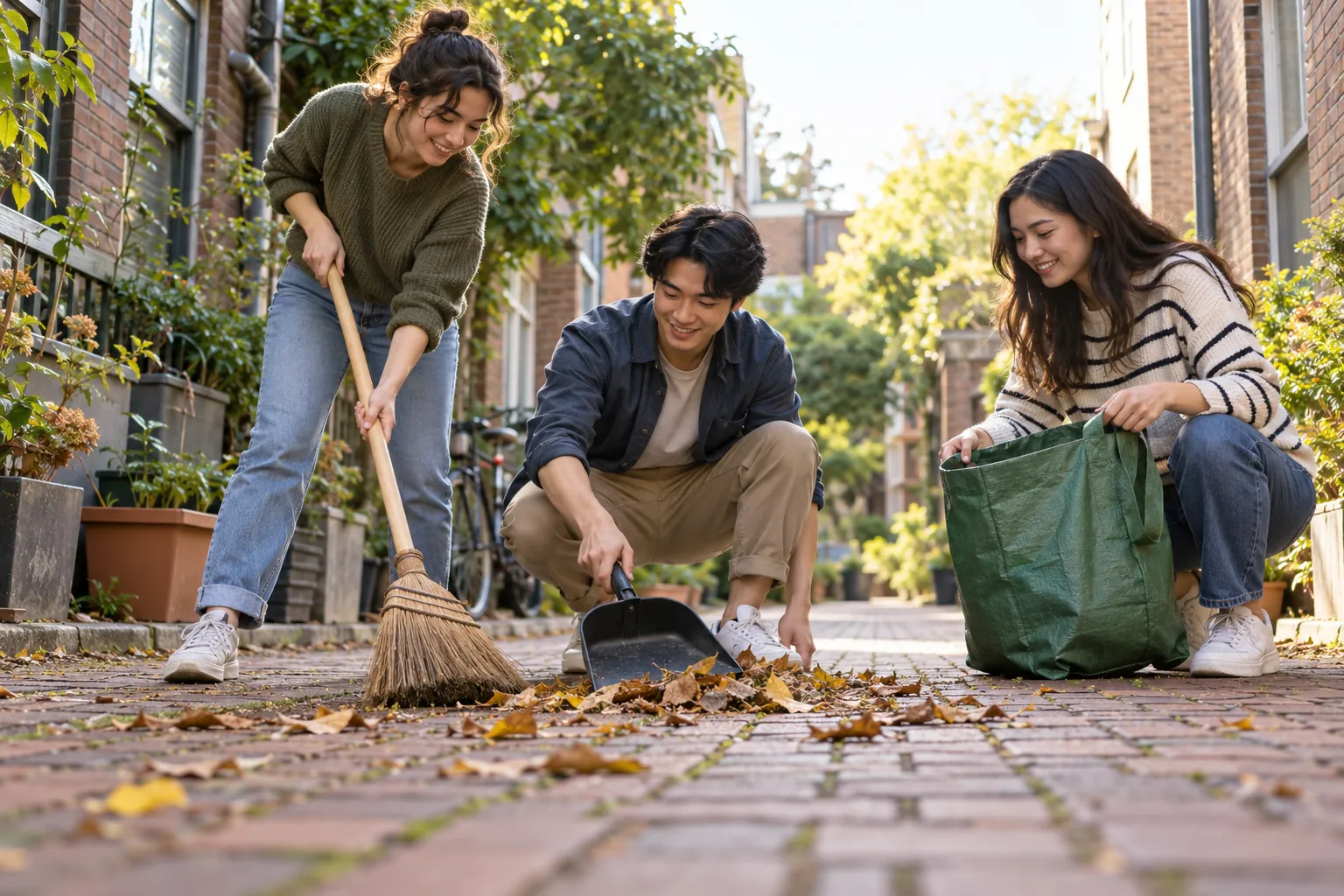 Illustration: Young neighbors sweep a shared brick alley before planting.