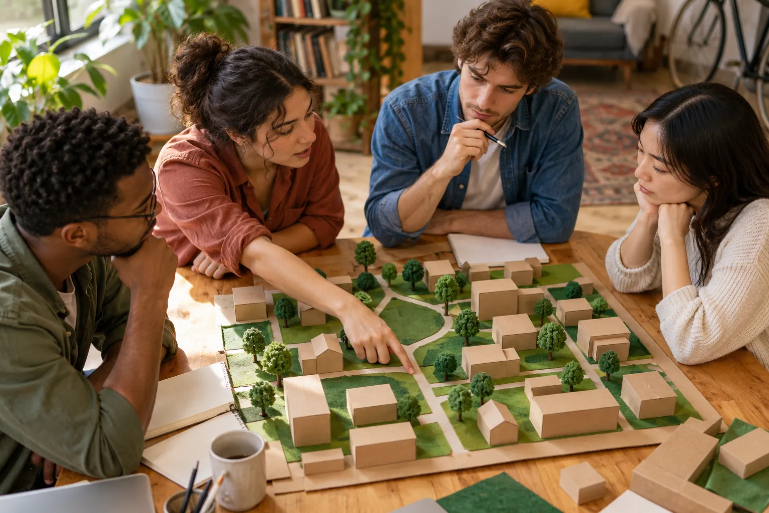 Illustration: Young adults discuss a handmade model of a shared neighborhood space.