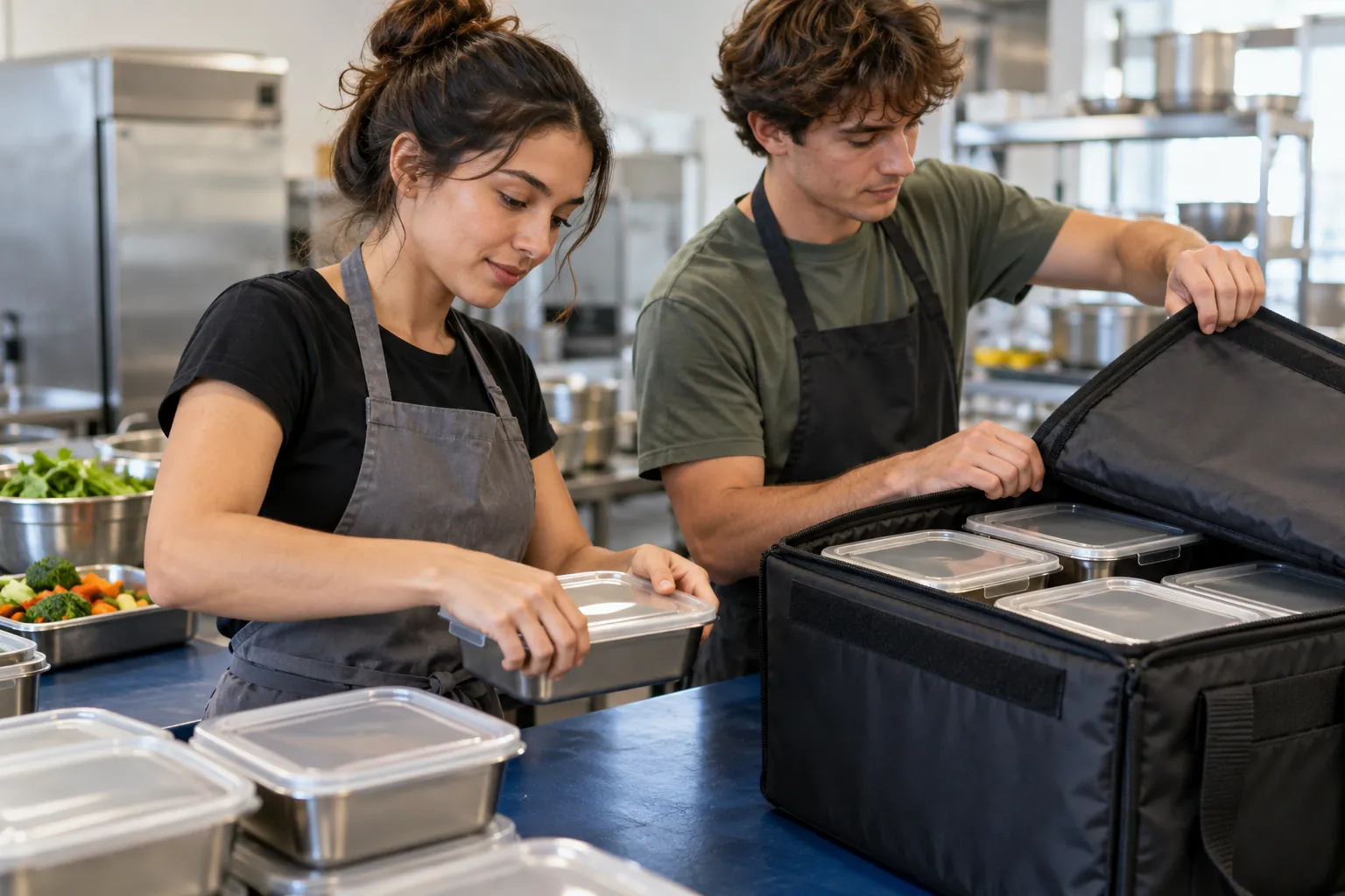 Illustration: Young volunteers pack reusable meal containers for a community delivery.