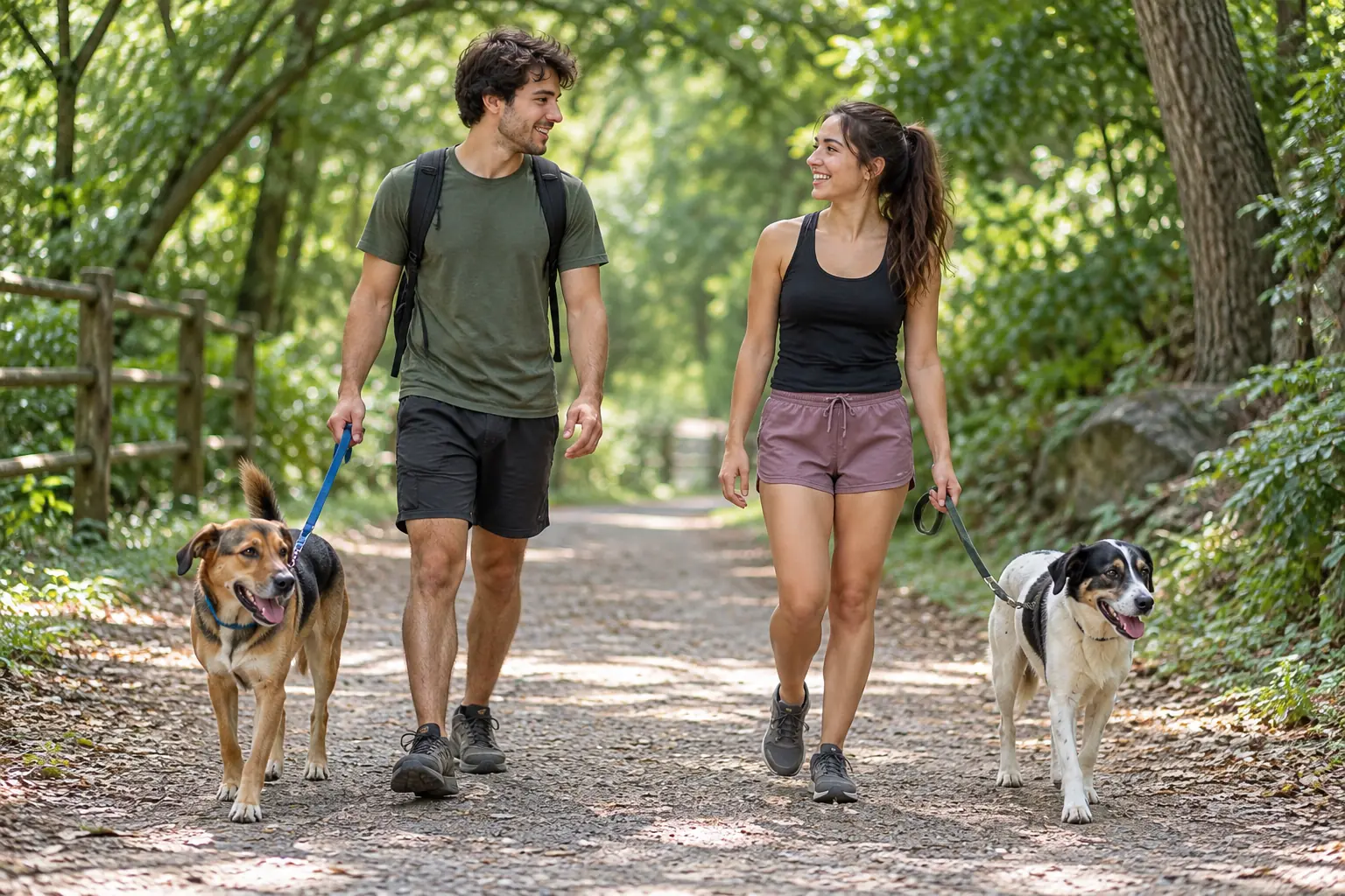 Illustration: Young adult volunteers walk two calm dogs along a shaded path.