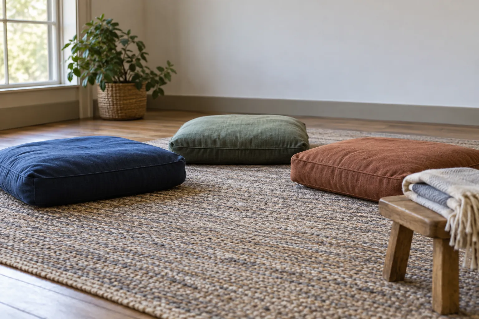 Illustration: Plain floor cushions and a folded blanket arranged on a community-room rug.
