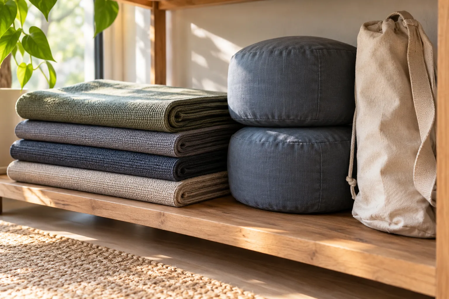 Illustration: Folded mats, cylindrical cushions and a carrying bag on a low shelf.