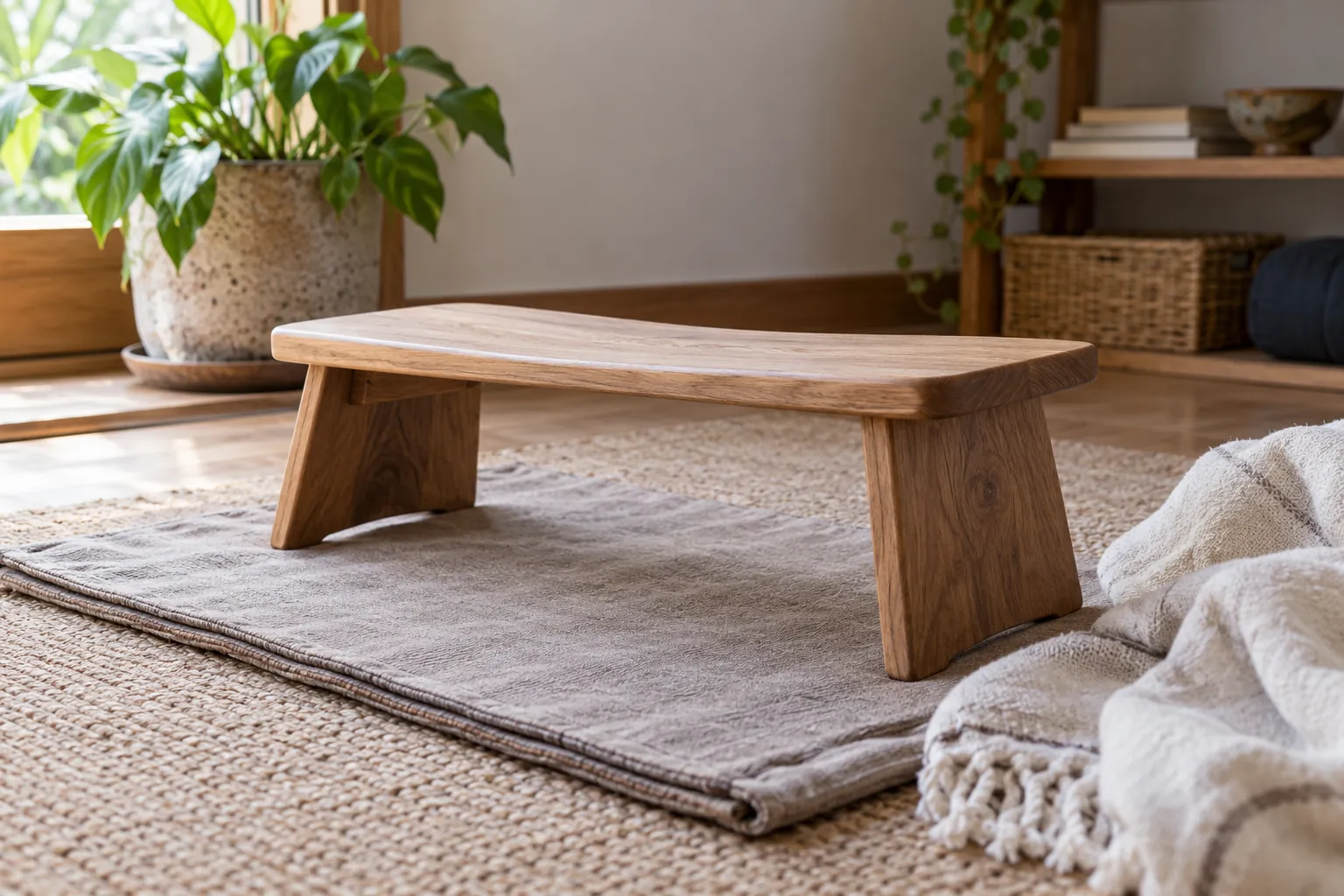 Illustration: A low wooden sitting bench on a folded mat beside a cotton blanket.