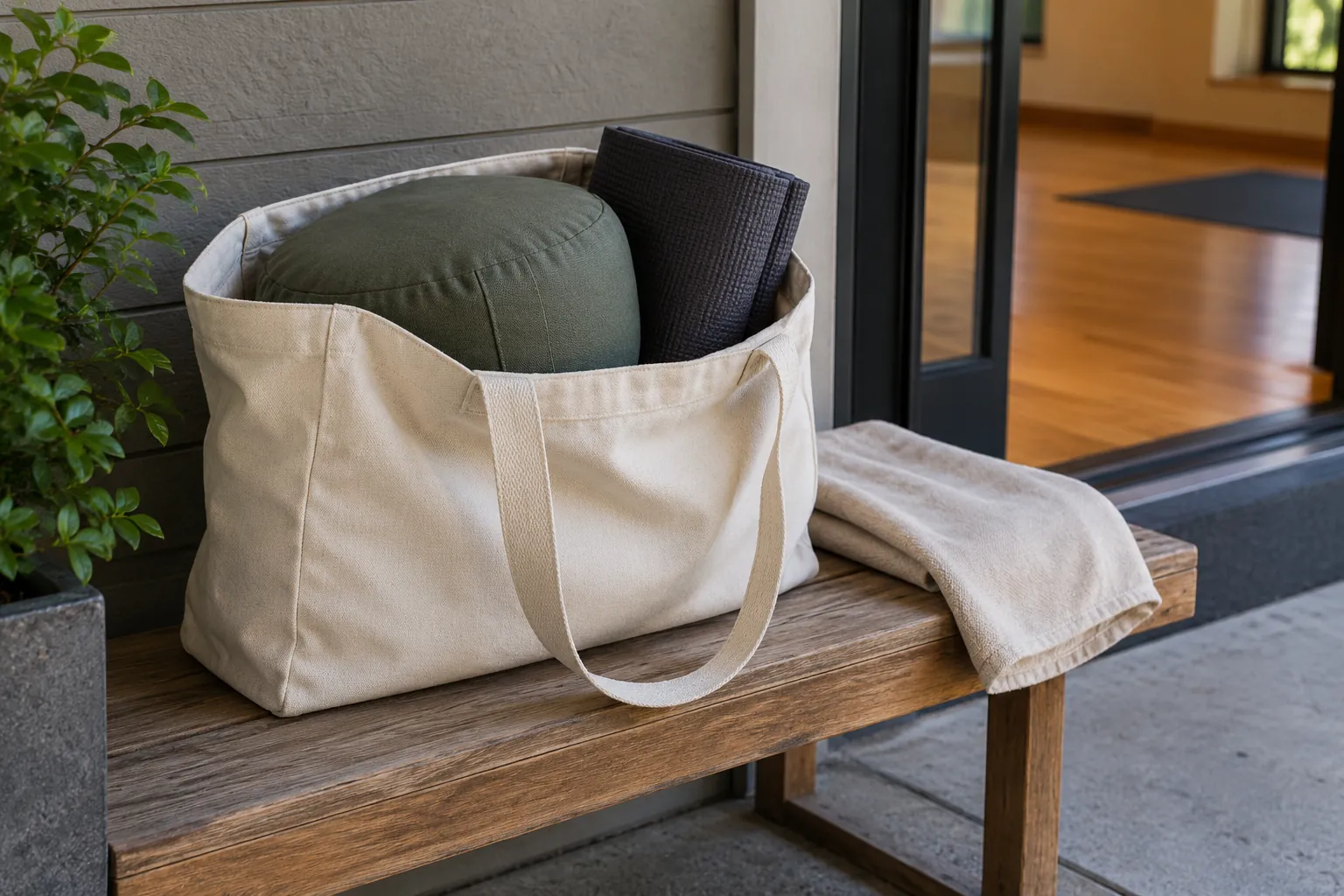 Illustration: A cushion, folded mat and spare cover in a canvas carrier on an entry bench.