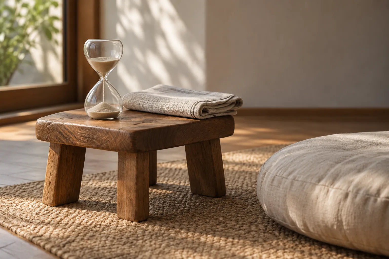 Illustration: A sand timer and folded cloth on a stool beside an empty cushion.