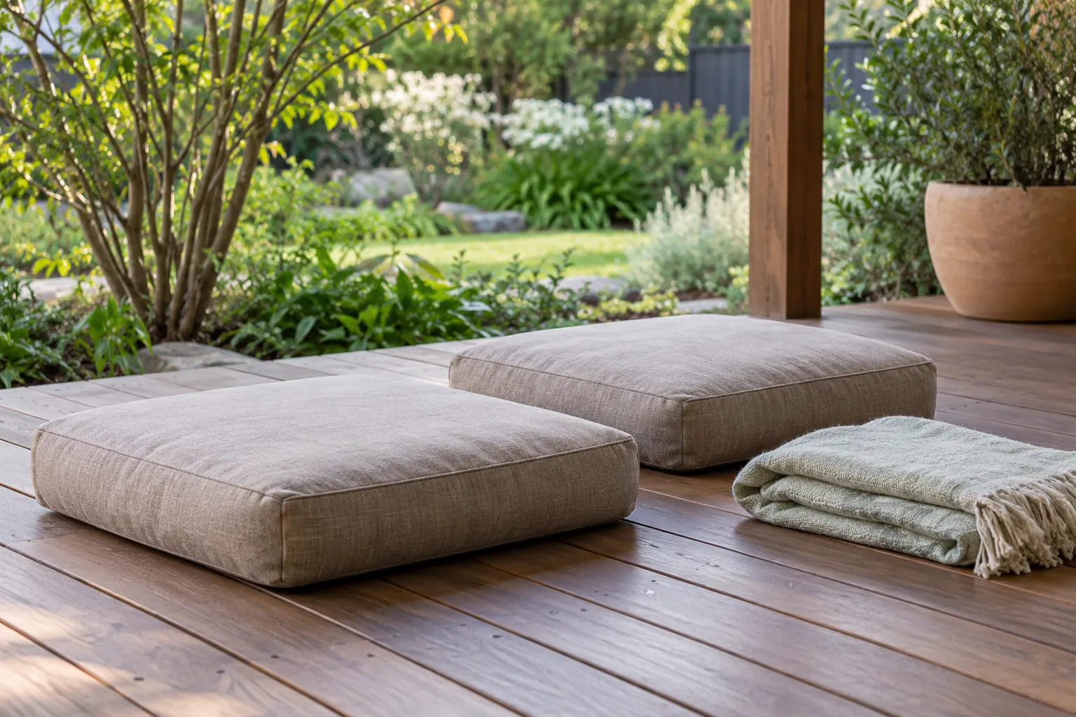 Illustration: Sitting cushions and a folded blanket on a sheltered timber deck.