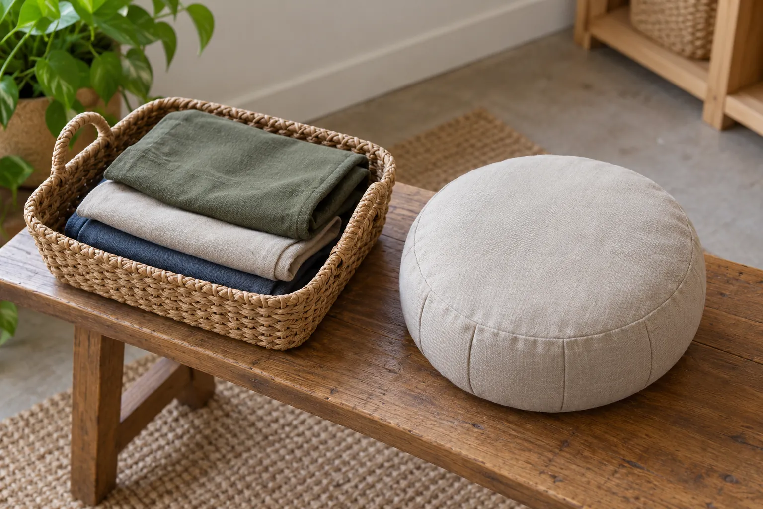 Illustration: Folded cushion covers in a basket beside a plain sitting cushion.