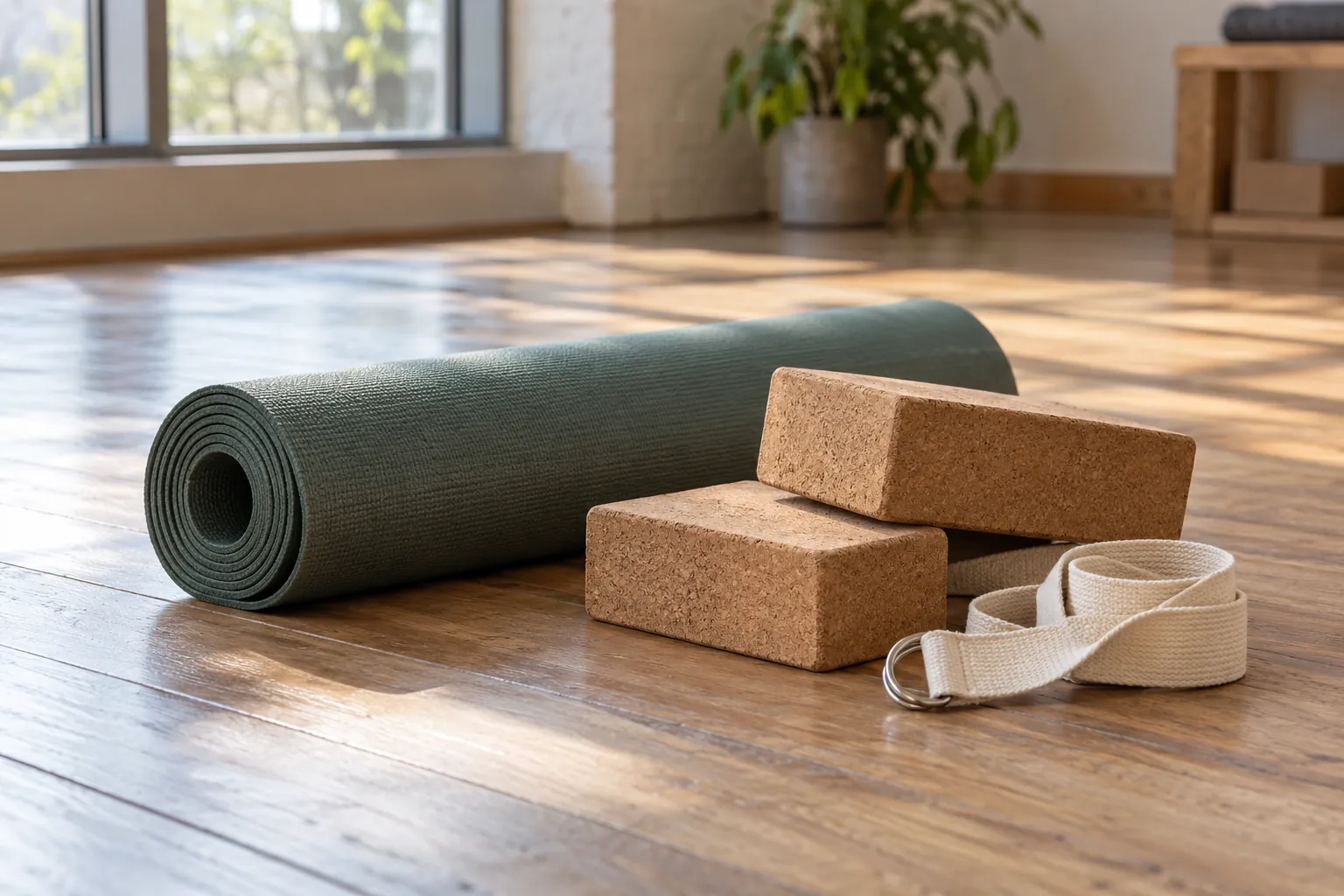 Illustration: A rolled yoga mat, cork blocks and cotton strap on a studio floor.