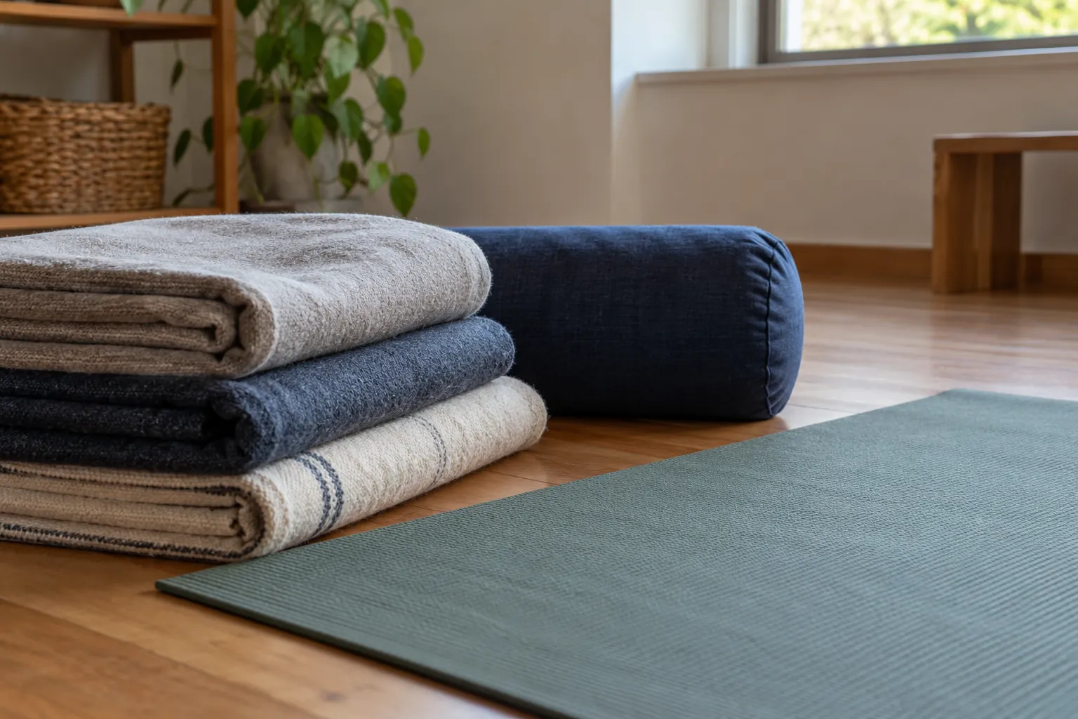 Illustration: Folded blankets and a rectangular bolster beside an unrolled mat.