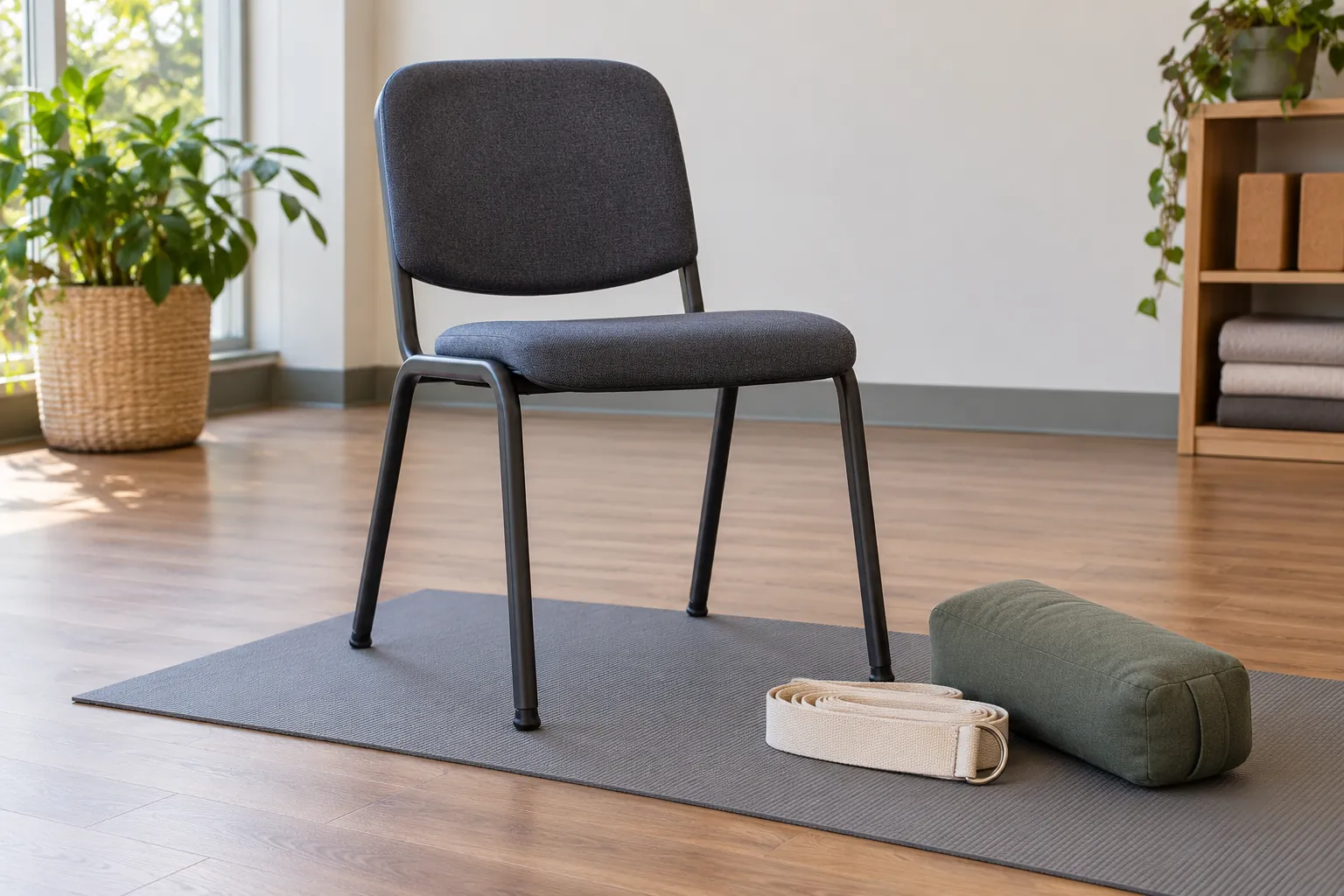 Illustration: An empty chair on a mat beside a cotton strap and support cushion.