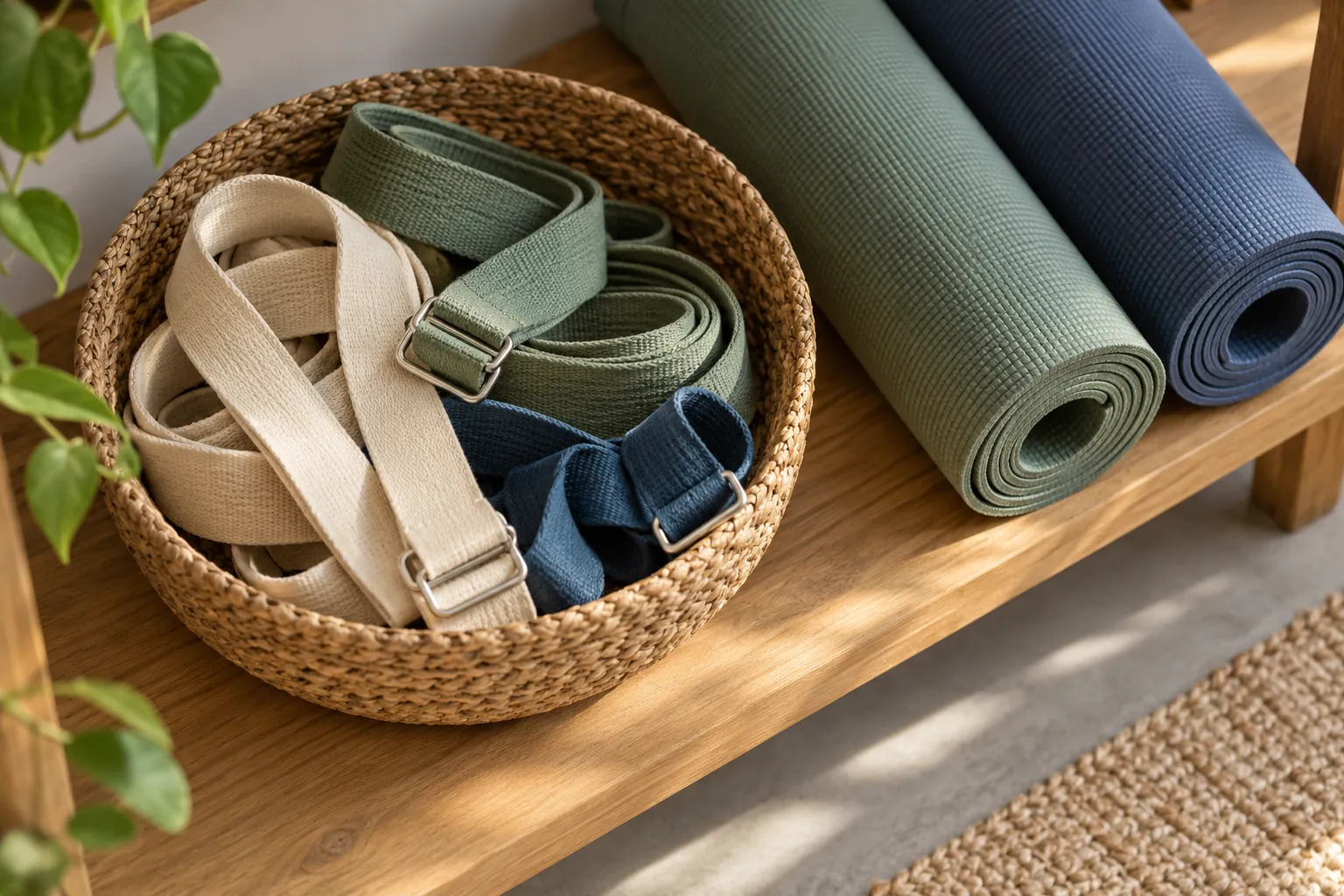 Illustration: Cotton yoga straps in a basket beside rolled mats on a shelf.