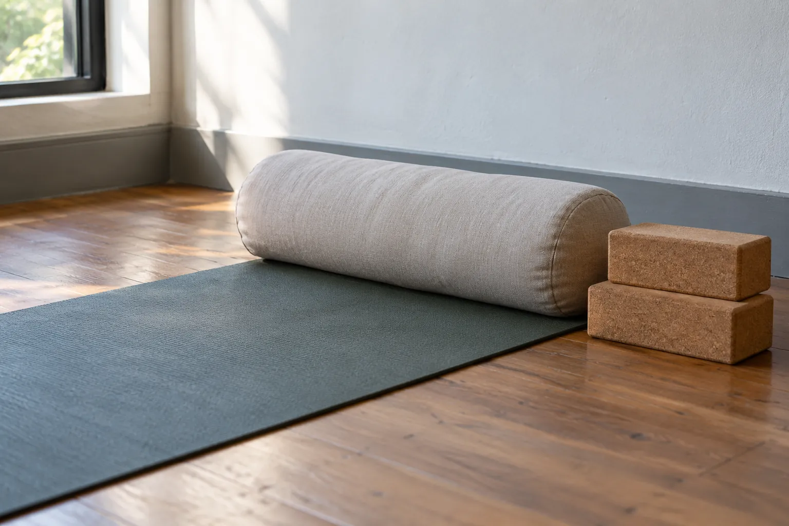 Illustration: A bolster and cork blocks at the end of a mat beside a plain wall.