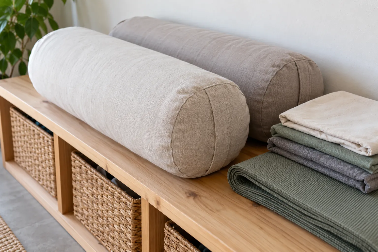 Illustration: Bolsters, spare cotton covers and a folded mat on a studio bench.